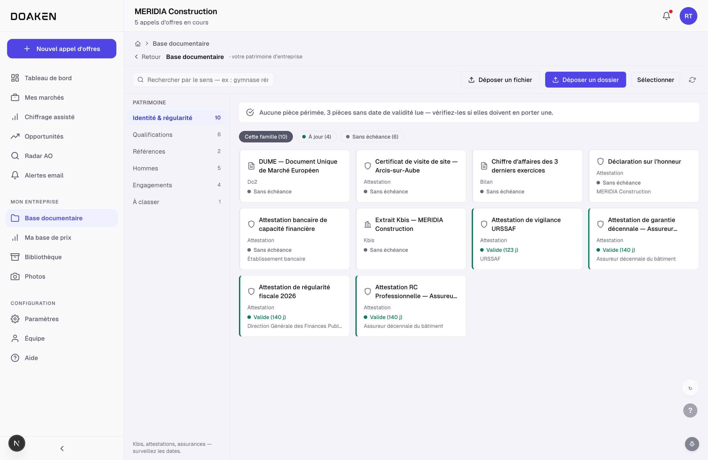 DOAKEN · Annexes du mémoire : qualifications, attestations et assurances exigées par le DCE, 3 obligatoires sur 6 déjà fournies