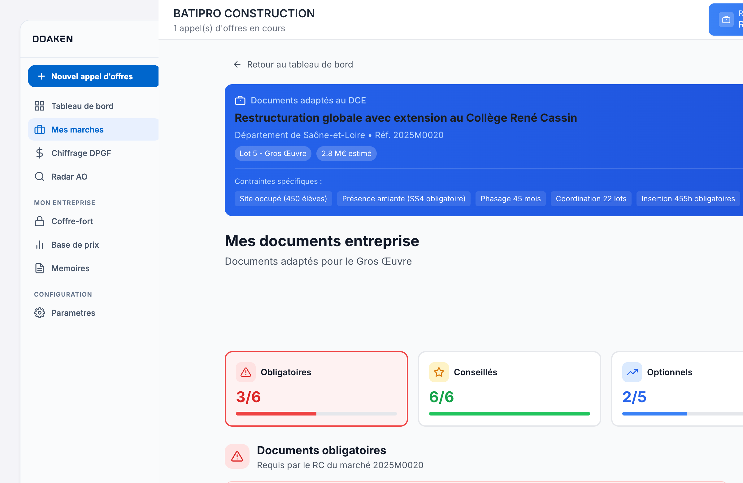 DOAKEN — Coffre-fort documents adaptés au DCE, 3 obligatoires sur 6, qualifications requises