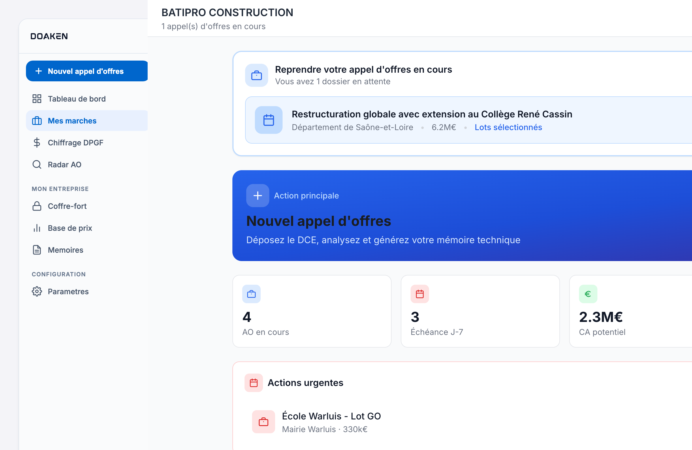 DOAKEN — Tableau de bord avec AO en cours, échéances, CA potentiel et taux de réussite