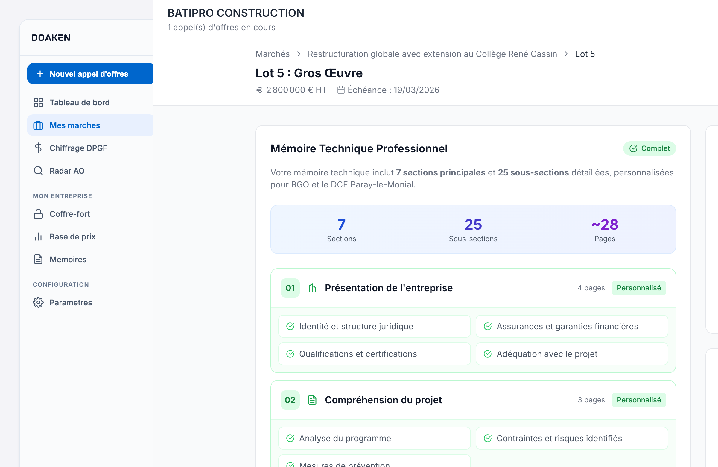 DOAKEN — Éditeur de mémoire technique avec sections, infographies et conformité CCTP