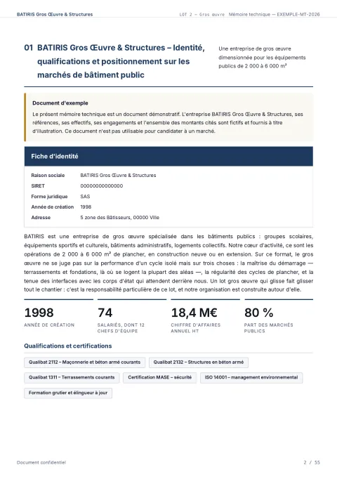 Mémoire technique gros œuvre : exemple complet de 56 pages pour un appel d'offre BTP, produit par Doaken