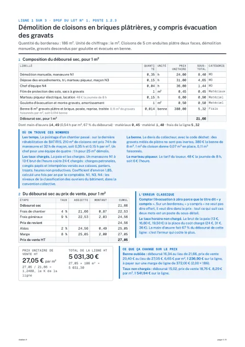 Le sous-détail de prix de trois lignes de bordereau, annoté